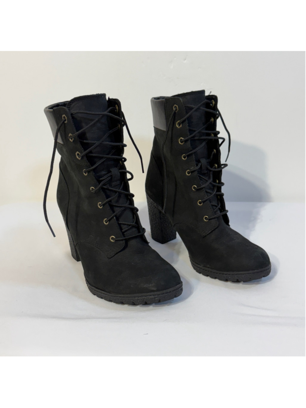 Timberland Tillston Size 9 Black Nubuck Leather Block High Heels Lace Boots